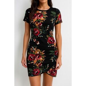 NWT Grecerelle Floral Ruched Bodycon Dress Black Stretch Short Sleeve Medium